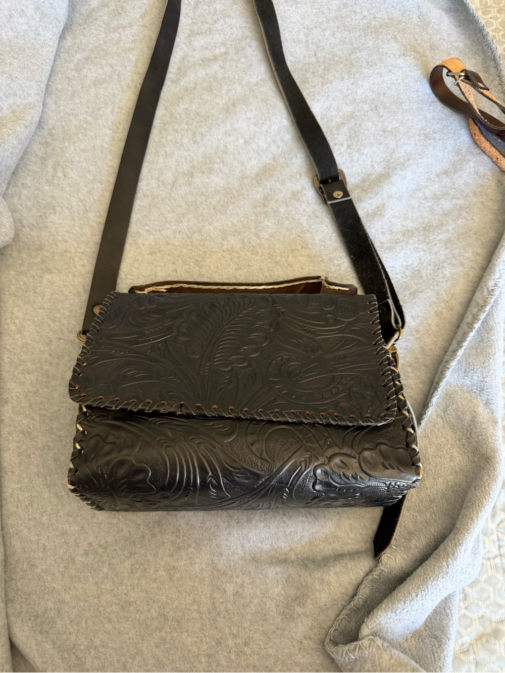 Embossed Leather Crossbody Bag in Dark Brown